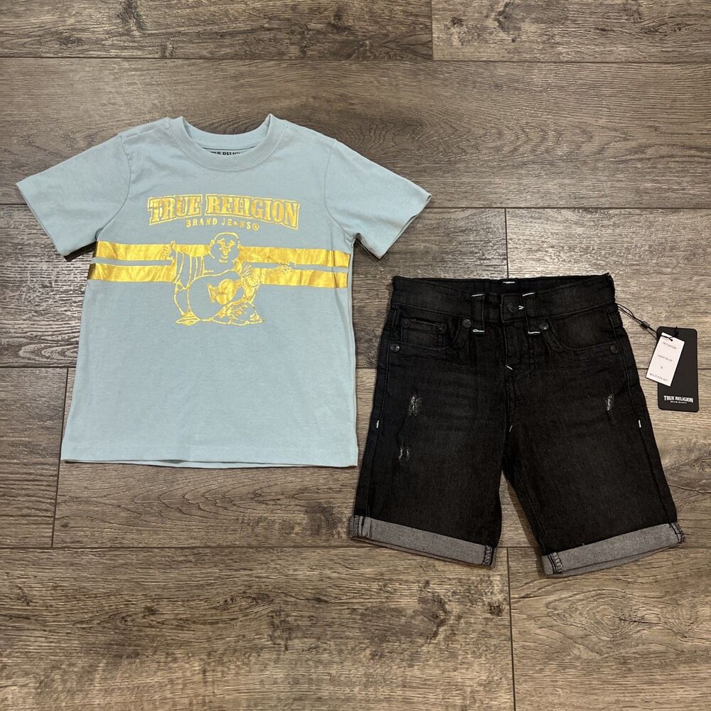 True Religion 2-Piece Set Black Jean Shorts Jorts Light Blue T-Shirt Kids Size 6